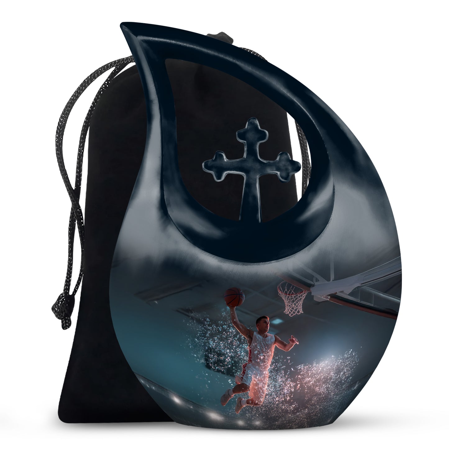 Deep Black Basketball Cremation Urn top-down view of secure threaded lid - cross and basketball combined in spiritual memorial design - full-size 10 inch 200 cubic inch adult cremation urn