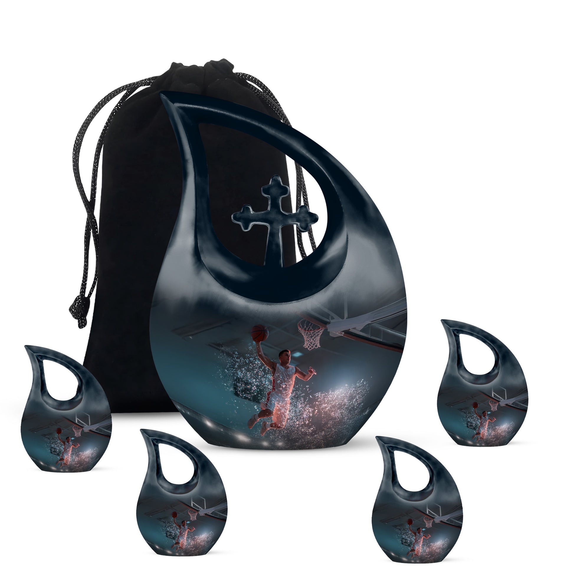 Rich Black Basketball Cremation Urn urn with complimentary velvet bag - cross and basketball combined in spiritual memorial design - memorial set with one large and four small urns