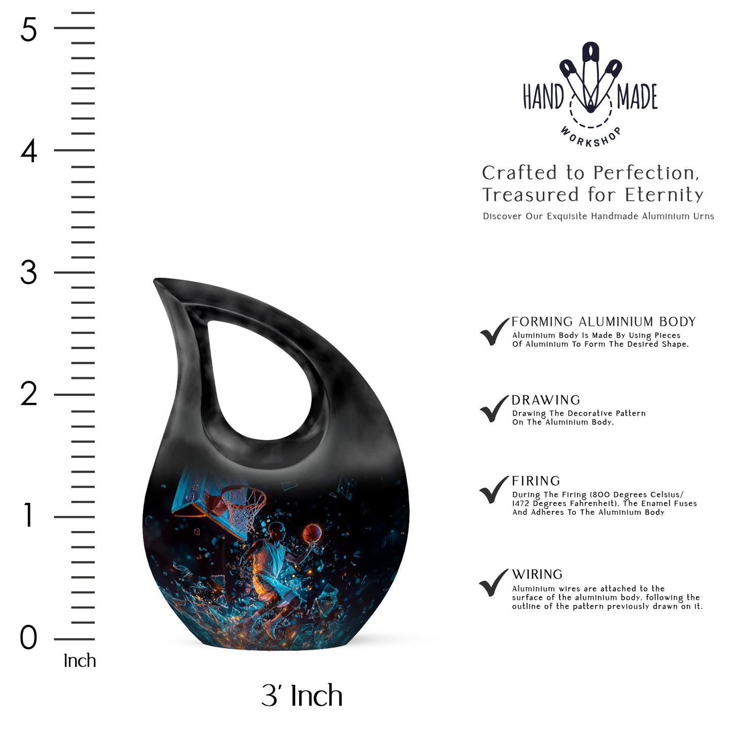 Rich Black Basketball Cremation Urn back view with polished surface - sacred cross merged with basketball motif on metal - mini keepsake memorial for portion of cremation ashes