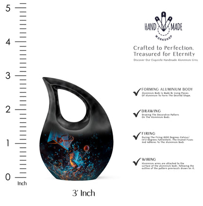 Rich Black Basketball Cremation Urn back view with polished surface - sacred cross merged with basketball motif on metal - mini keepsake memorial for portion of cremation ashes