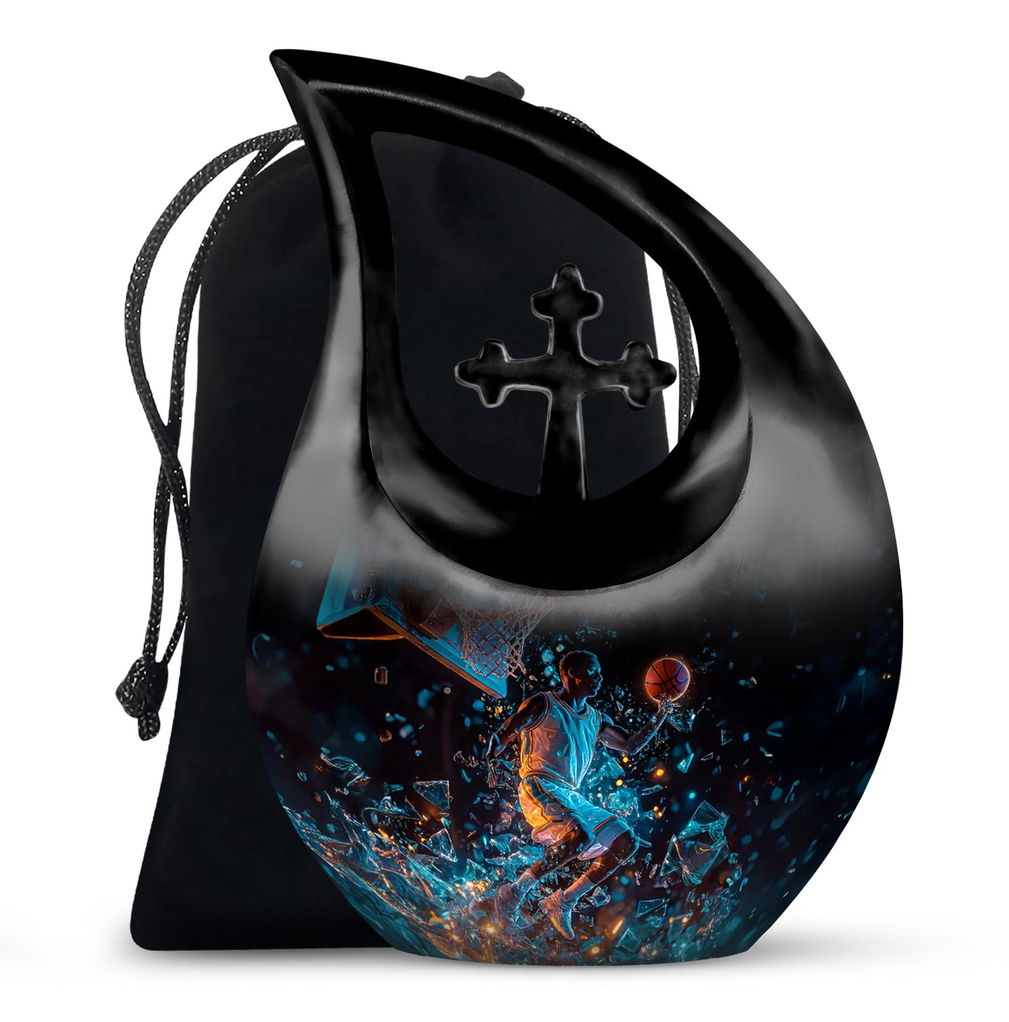 Glossy Black Basketball Cremation Urn top-down view of secure threaded lid - sacred cross merged with basketball motif on metal - full-size 10 inch 200 cubic inch adult cremation urn