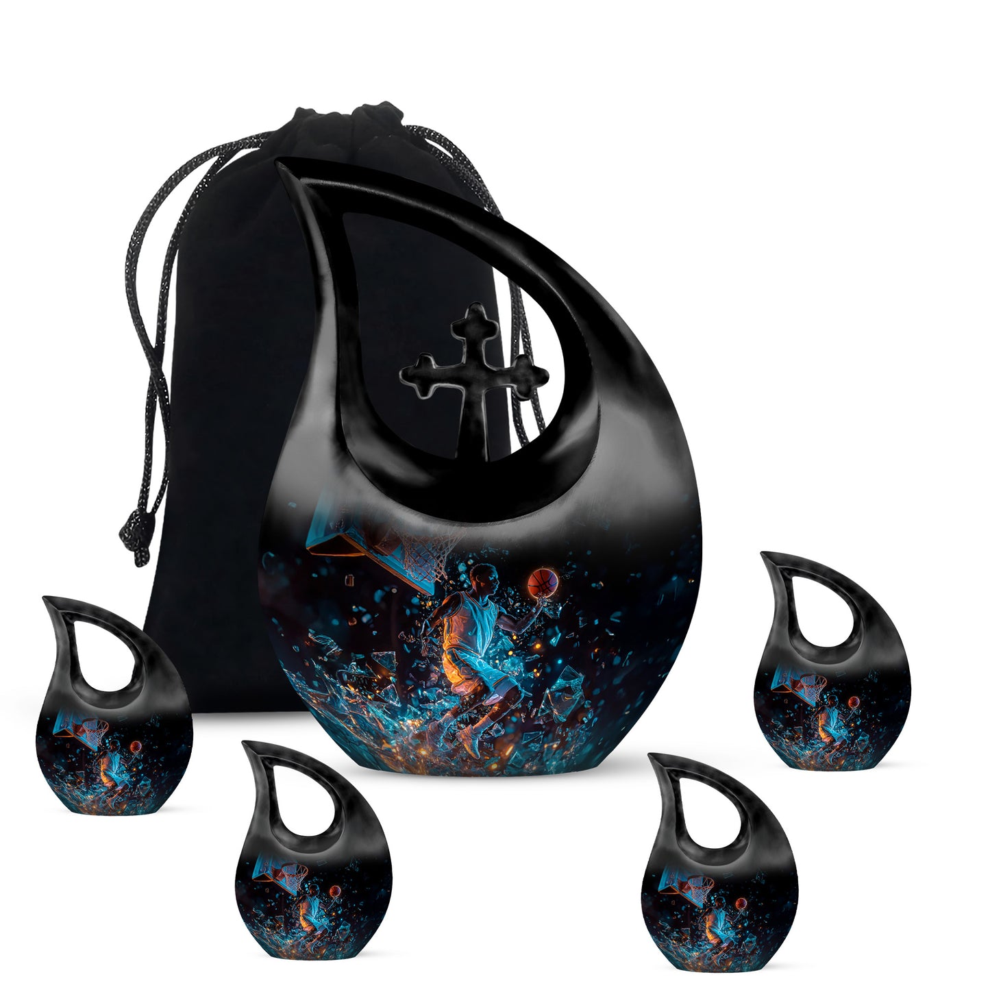 Dark Black Basketball Cremation Urn urn with complimentary velvet bag - faith-inspired cross-drop urn with basketball pattern - memorial set with one large and four small urns