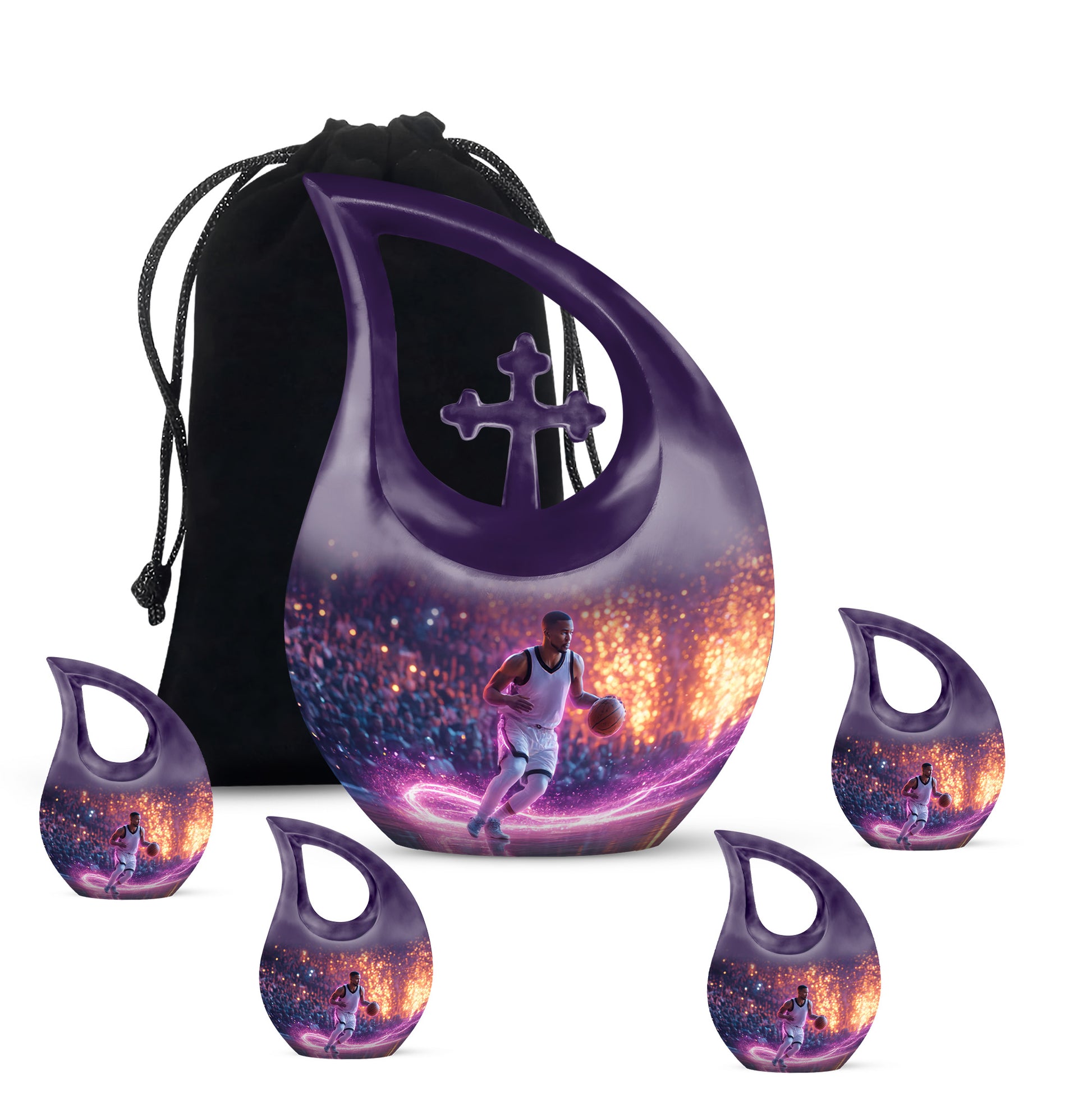 Celestial Blue Basketball Cremation Urn urn with complimentary velvet bag - cross and basketball combined in spiritual memorial design - memorial set with one large and four small urns
