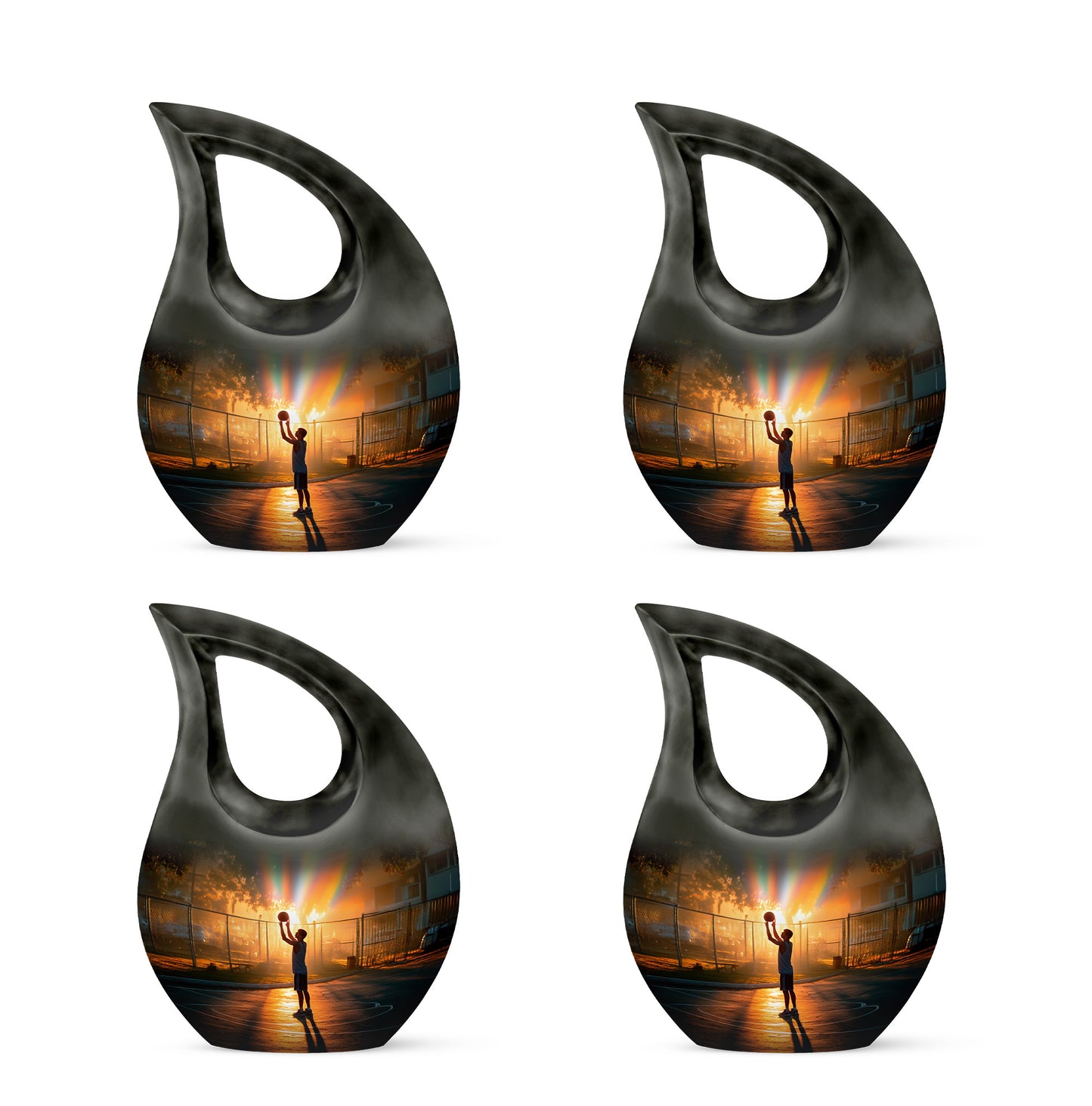 Matte Gold Basketball Cremation Urn lifestyle display on memorial shelf - faith-inspired cross-drop urn with basketball pattern - 10 inch aluminum urn for cremated remains
