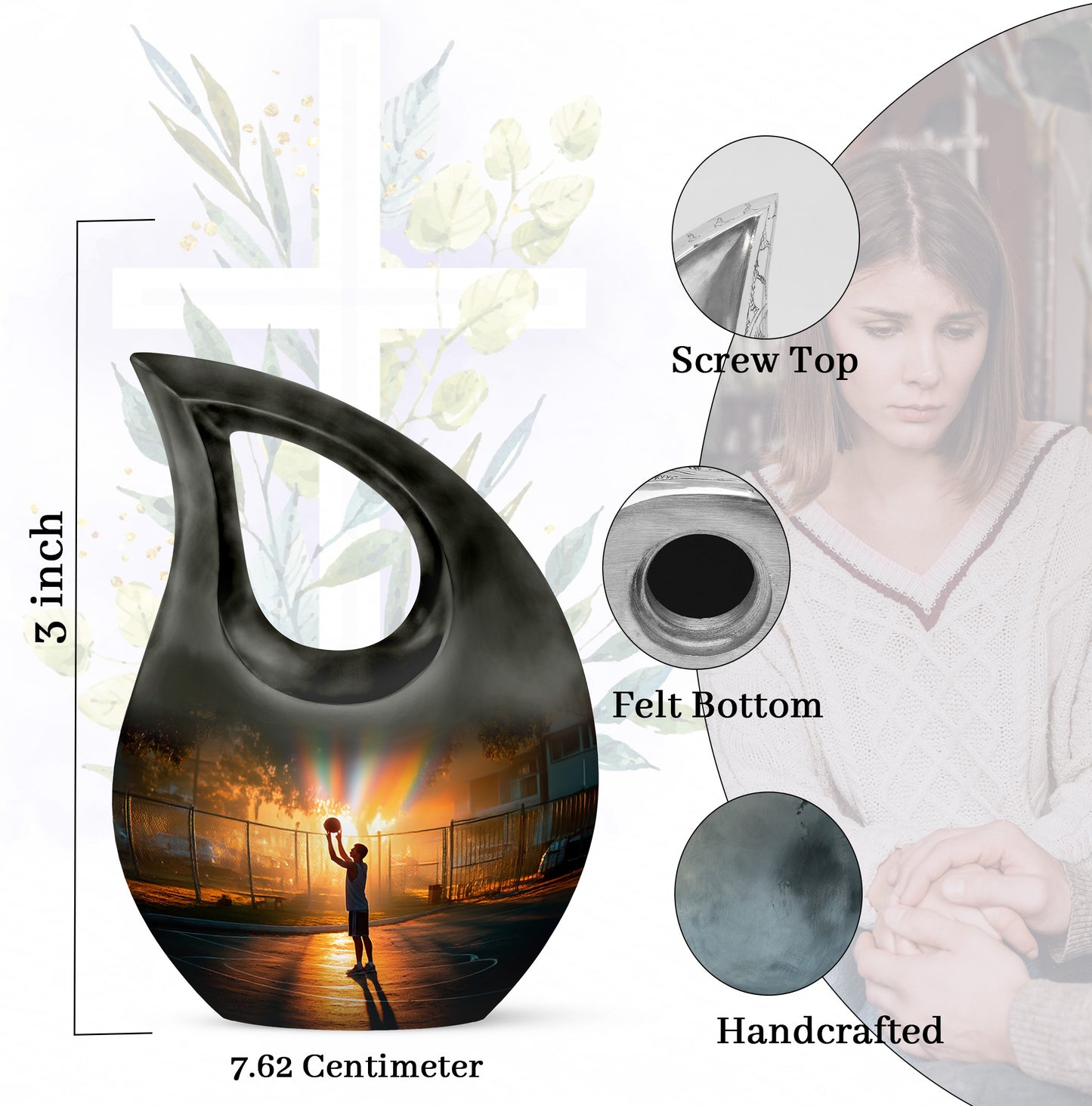 Amber Gold Basketball Cremation Urn back view with polished surface - cross and basketball combined in spiritual memorial design - mini keepsake memorial for portion of cremation ashes