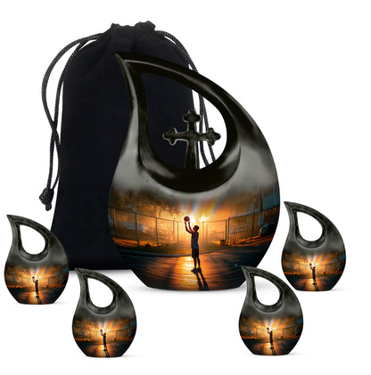 Amber Gold Basketball Cremation Urn urn with complimentary velvet bag - cross and basketball combined in spiritual memorial design - memorial set with one large and four small urns