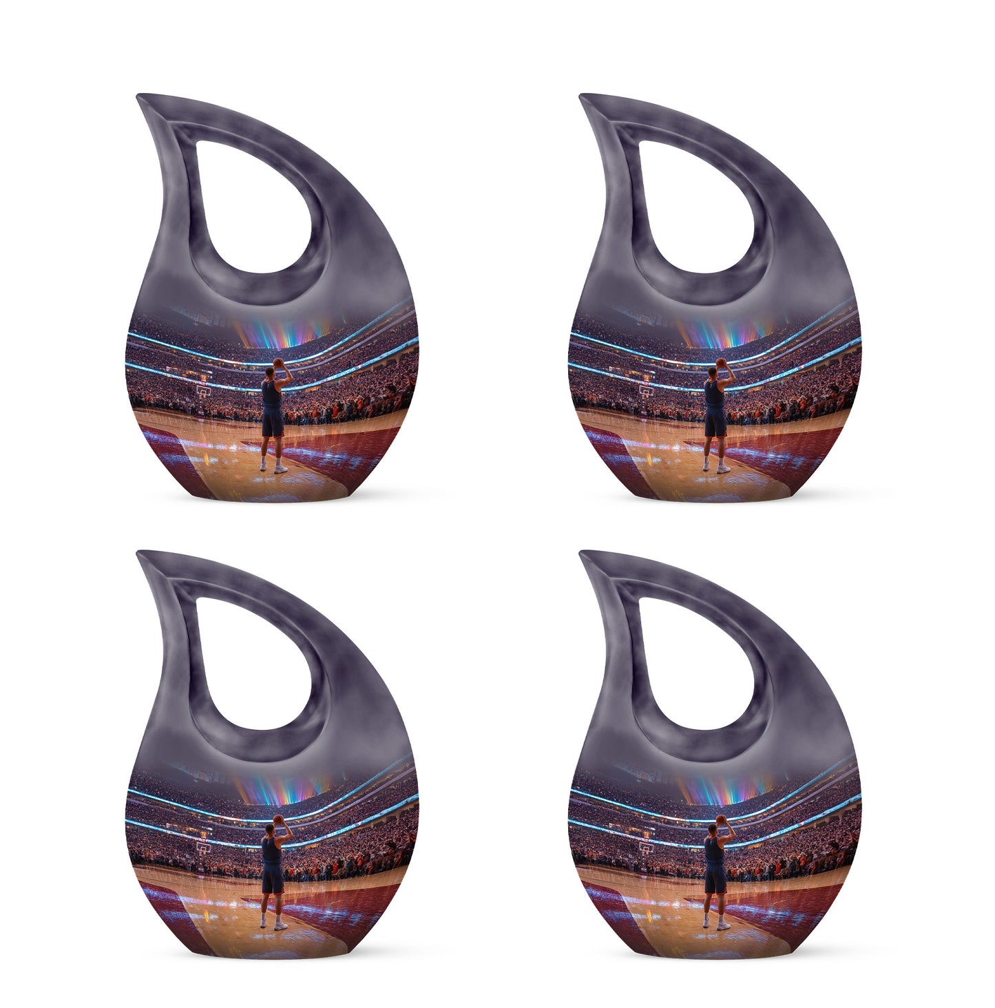 Jet Black Basketball Cremation Urn lifestyle display on memorial shelf - sacred cross merged with basketball motif on metal - 10 inch aluminum urn for cremated remains