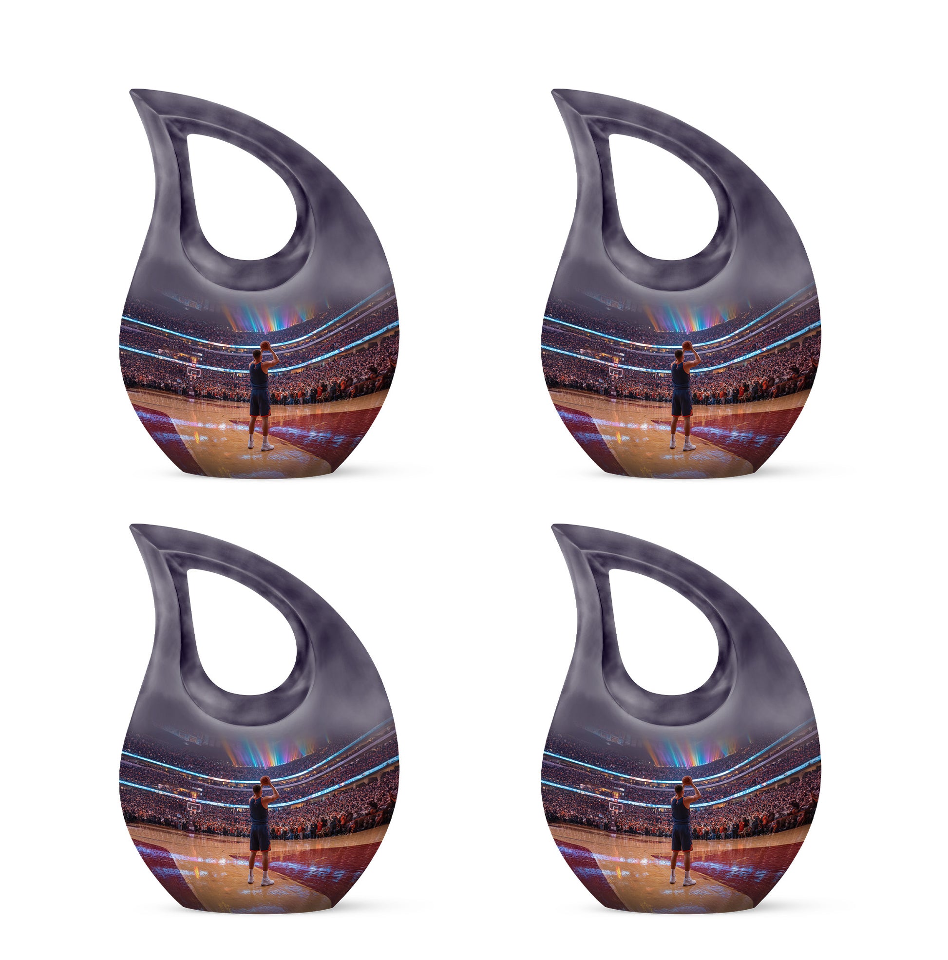 Jet Black Basketball Cremation Urn lifestyle display on memorial shelf - sacred cross merged with basketball motif on metal - 10 inch aluminum urn for cremated remains
