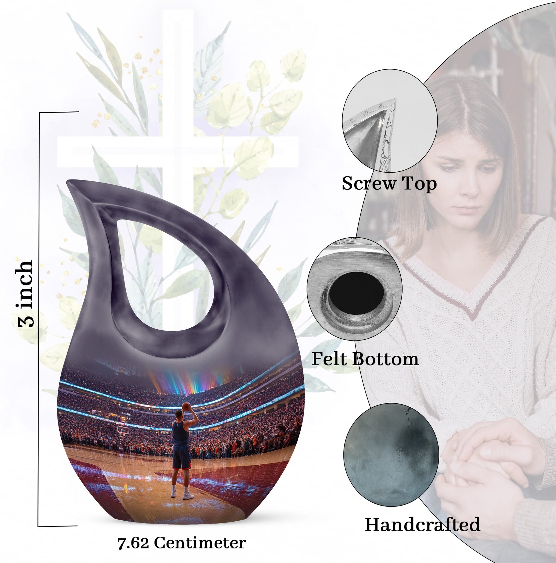 Deep Black Basketball Cremation Urn back view with polished surface - sacred cross merged with basketball motif on metal - mini keepsake memorial for portion of cremation ashes