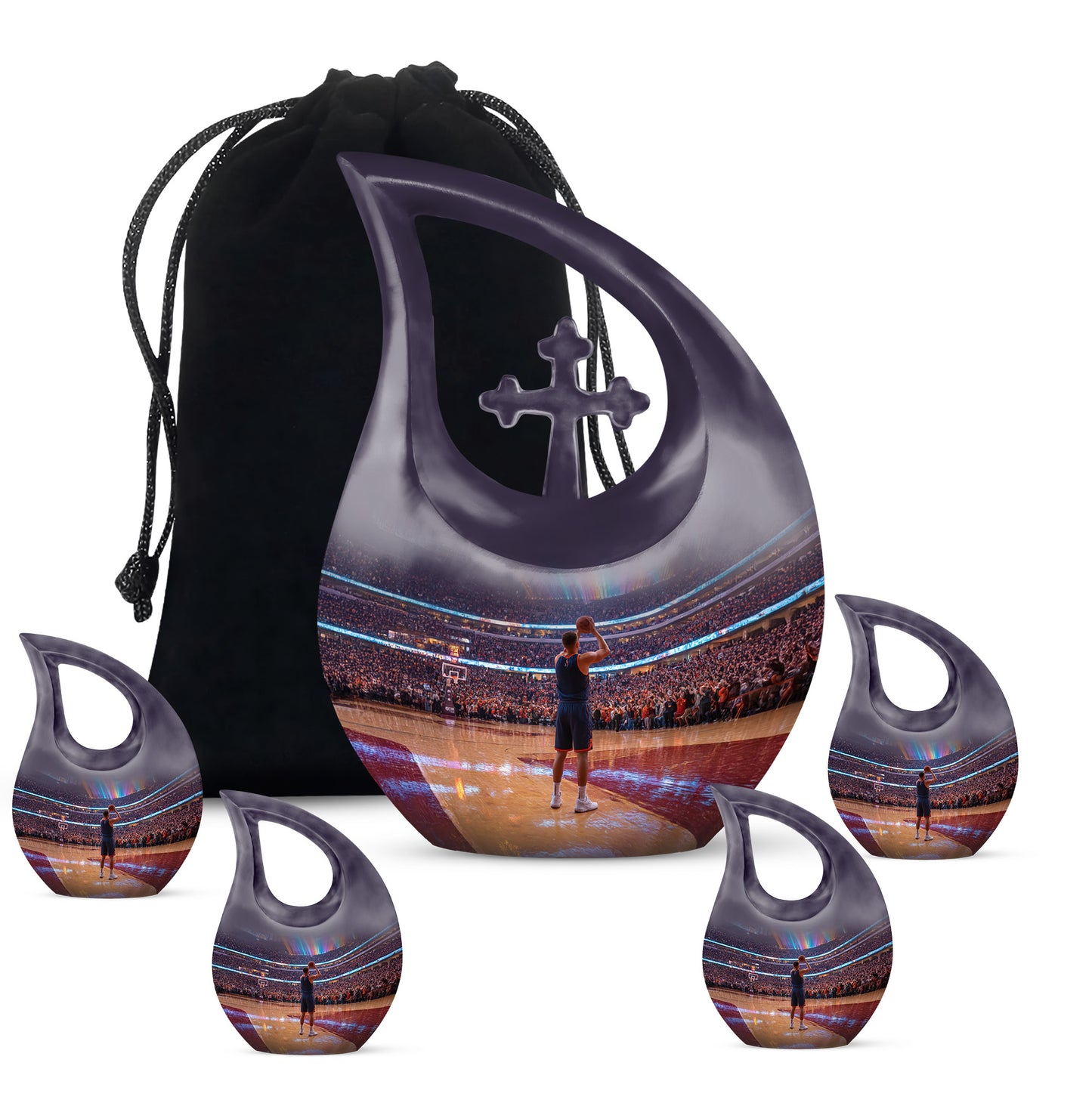 Glossy Black Basketball Cremation Urn urn with complimentary velvet bag - sacred cross merged with basketball motif on metal - memorial set with one large and four small urns