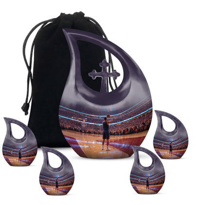 Glossy Black Basketball Cremation Urn urn with complimentary velvet bag - sacred cross merged with basketball motif on metal - memorial set with one large and four small urns