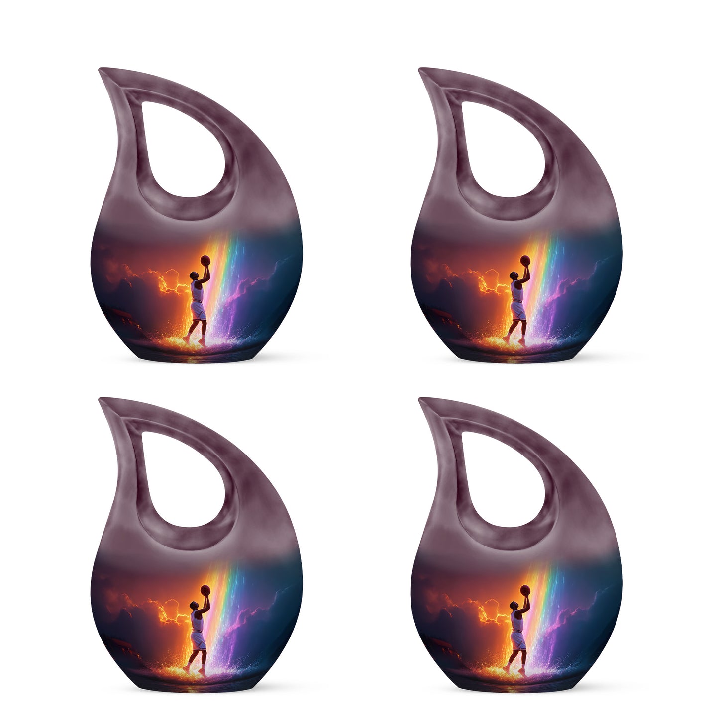 Orchid Purple Basketball Cremation Urn lifestyle display on memorial shelf - sacred cross merged with basketball motif on metal - 10 inch aluminum urn for cremated remains