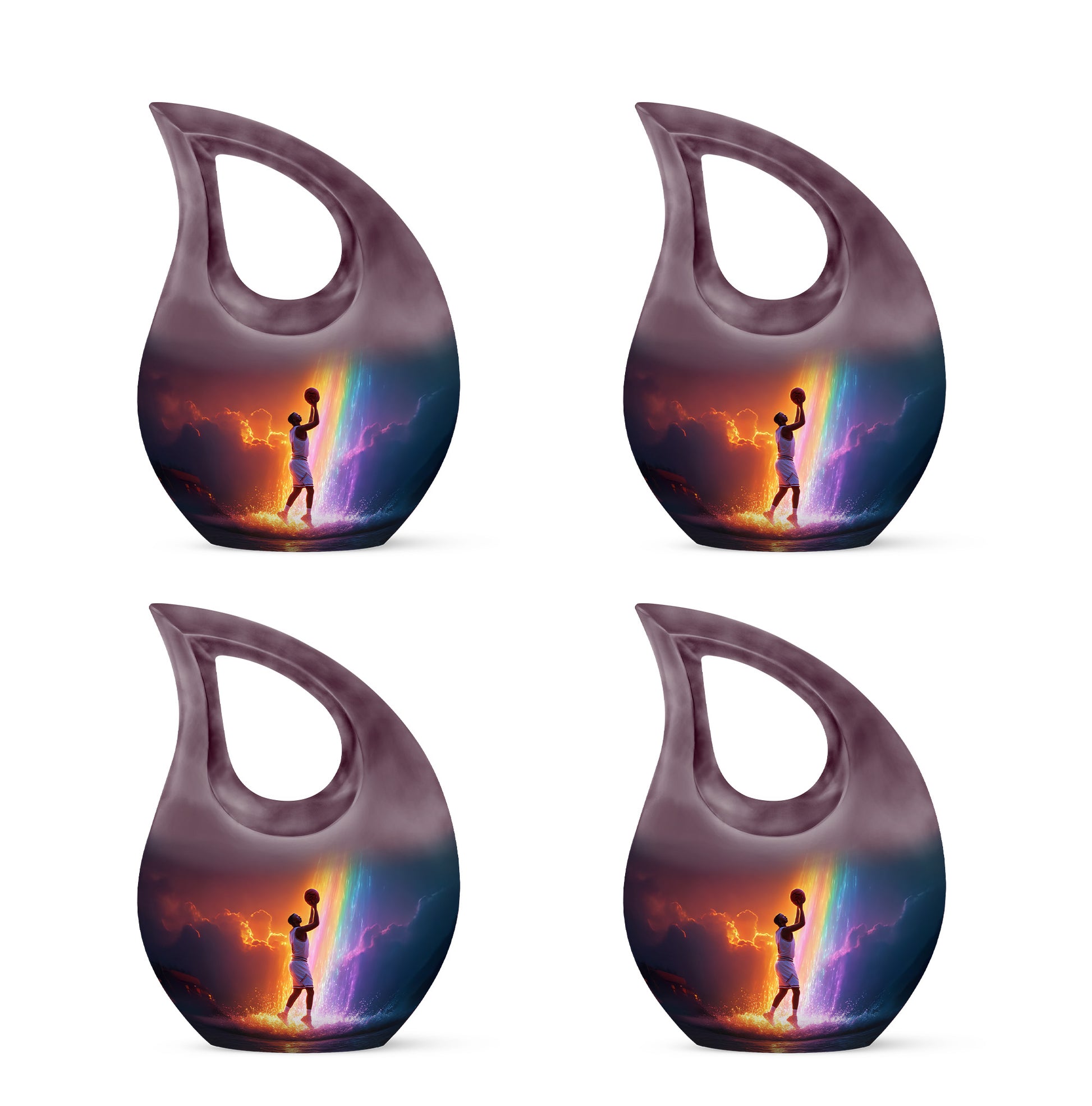 Orchid Purple Basketball Cremation Urn lifestyle display on memorial shelf - sacred cross merged with basketball motif on metal - 10 inch aluminum urn for cremated remains