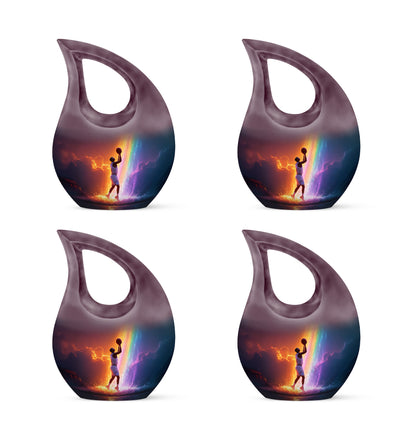 Orchid Purple Basketball Cremation Urn lifestyle display on memorial shelf - sacred cross merged with basketball motif on metal - 10 inch aluminum urn for cremated remains