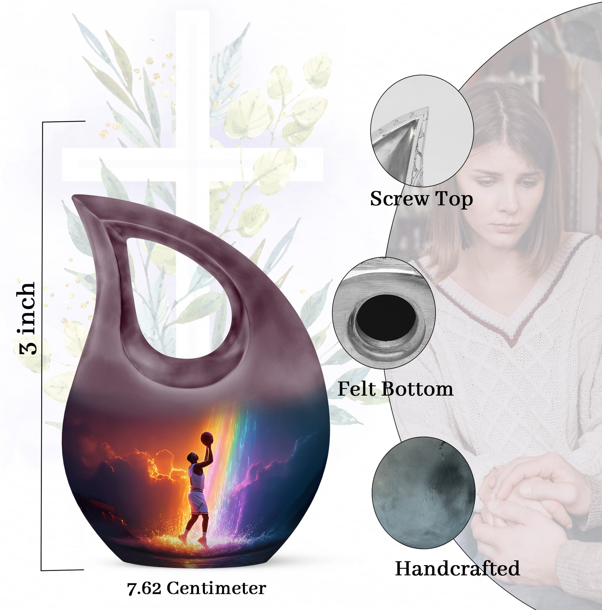Royal Purple Basketball Cremation Urn back view with polished surface - faith-inspired cross-drop urn with basketball pattern - mini keepsake memorial for portion of cremation ashes