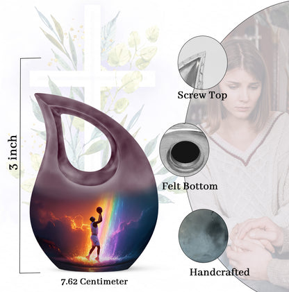 Royal Purple Basketball Cremation Urn back view with polished surface - faith-inspired cross-drop urn with basketball pattern - mini keepsake memorial for portion of cremation ashes