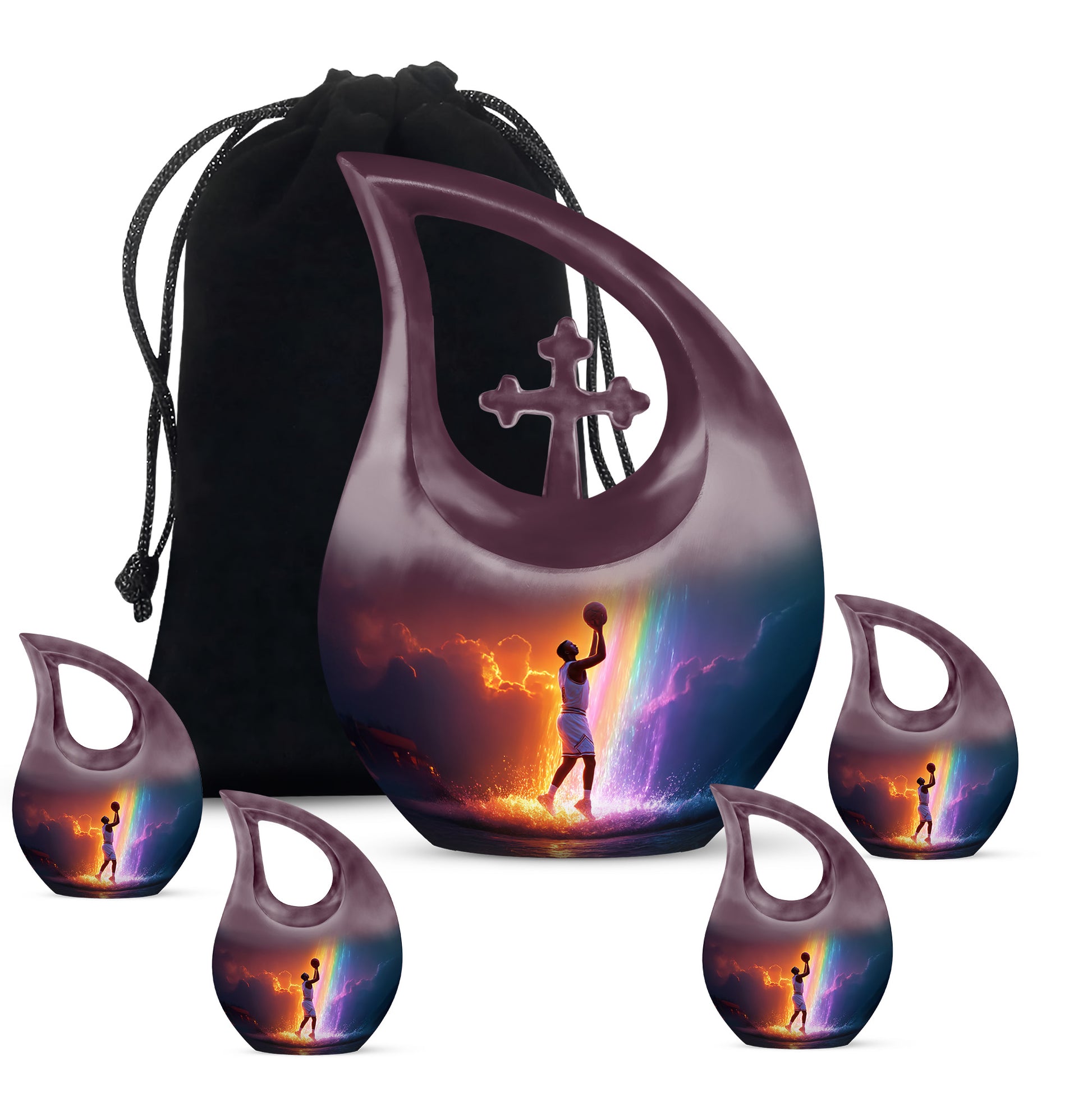 Amethyst Purple Basketball Cremation Urn urn with complimentary velvet bag - sacred cross merged with basketball motif on metal - memorial set with one large and four small urns