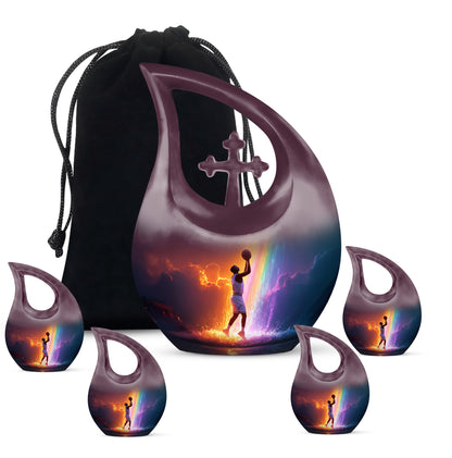 Amethyst Purple Basketball Cremation Urn urn with complimentary velvet bag - sacred cross merged with basketball motif on metal - memorial set with one large and four small urns
