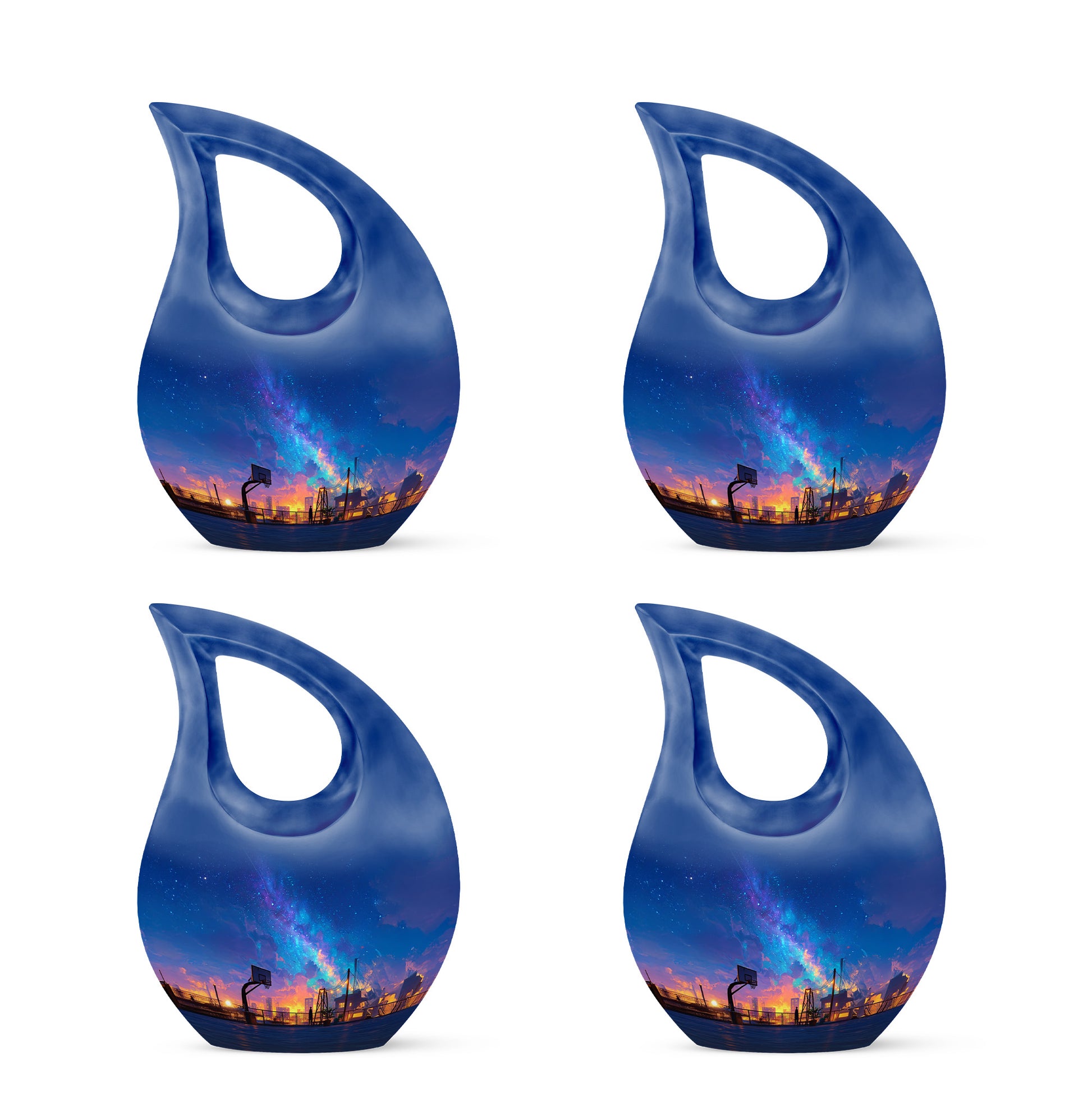 Azure Basketball Cremation Urn lifestyle display on memorial shelf - sacred cross merged with basketball motif on metal - 10 inch aluminum urn for cremated remains