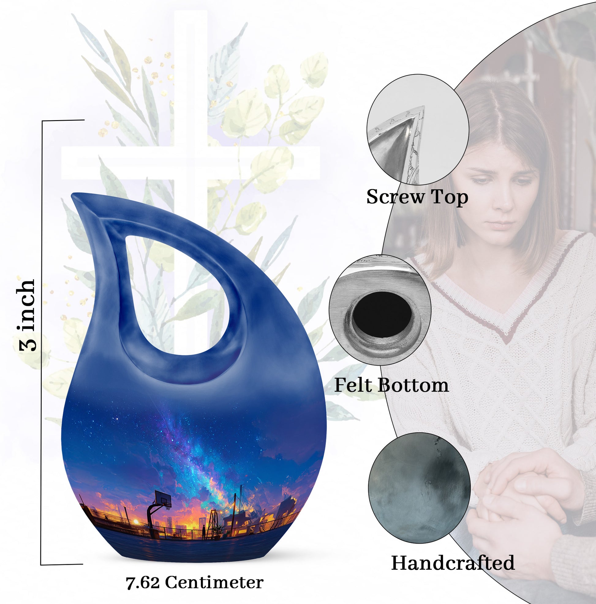 Powder Blue Basketball Cremation Urn back view with polished surface - sacred cross merged with basketball motif on metal - mini keepsake memorial for portion of cremation ashes