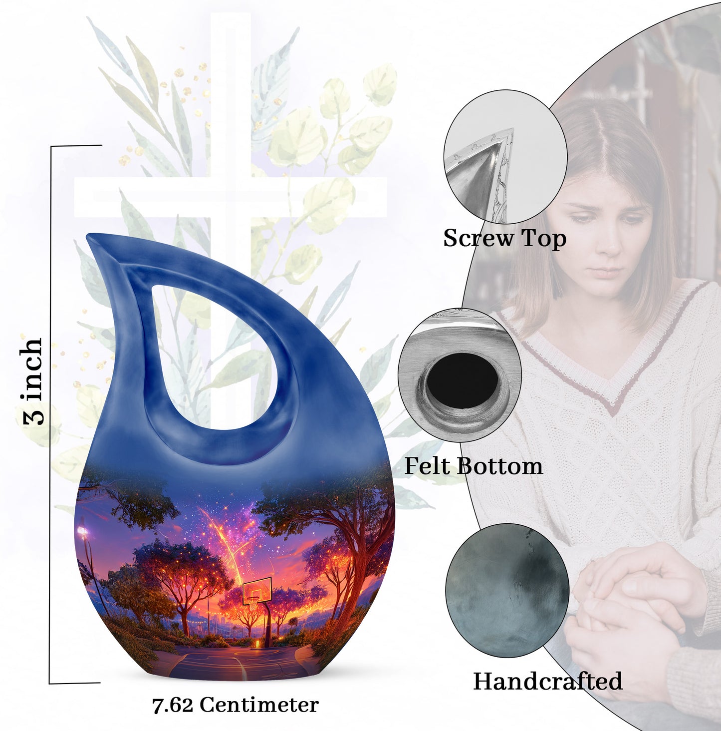 Twilight Blue Basketball Cremation Urn back view with polished surface - devotional cross-drop basketball engraving - mini keepsake memorial for portion of cremation ashes