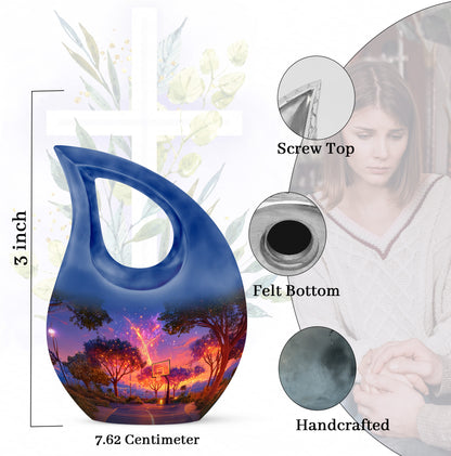 Twilight Blue Basketball Cremation Urn back view with polished surface - devotional cross-drop basketball engraving - mini keepsake memorial for portion of cremation ashes