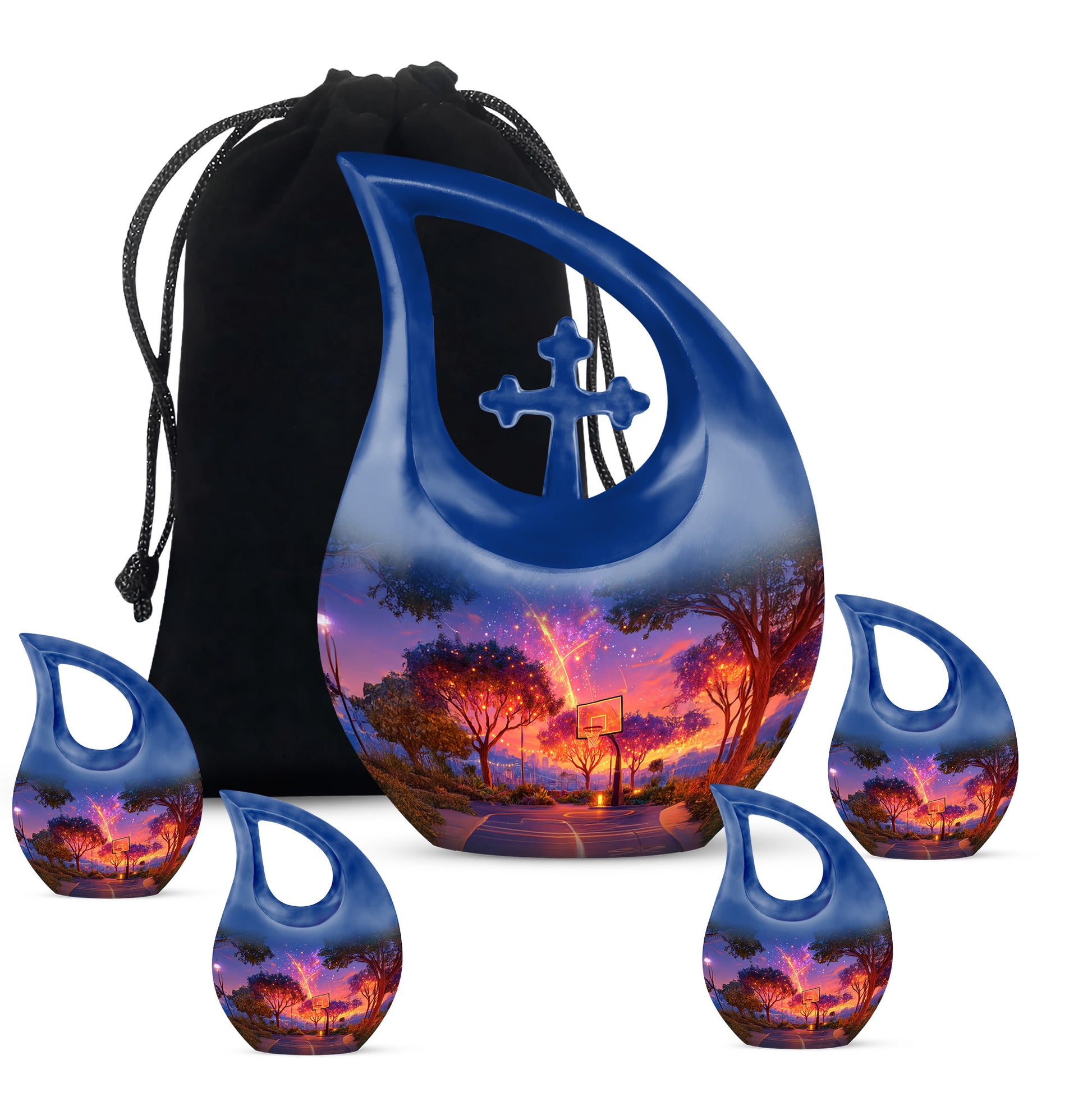 Royal Blue Basketball Cremation Urn urn with complimentary velvet bag - devotional cross-drop basketball engraving - memorial set with one large and four small urns