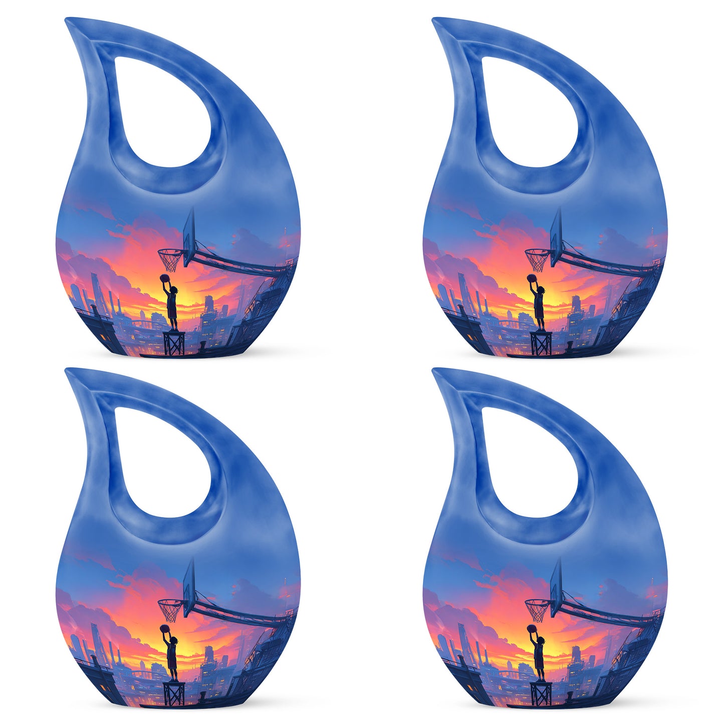 Dusty Blue Basketball Cremation Urn lifestyle display on memorial shelf - cross and basketball combined in spiritual memorial design - 10 inch aluminum urn for cremated remains