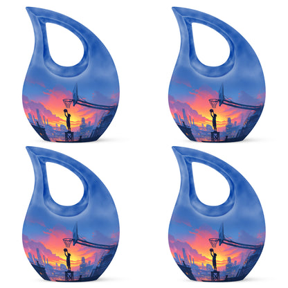 Dusty Blue Basketball Cremation Urn lifestyle display on memorial shelf - cross and basketball combined in spiritual memorial design - 10 inch aluminum urn for cremated remains