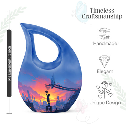 Vivid Blue Basketball Cremation Urn back view with polished surface - faith-inspired cross-drop urn with basketball pattern - mini keepsake memorial for portion of cremation ashes