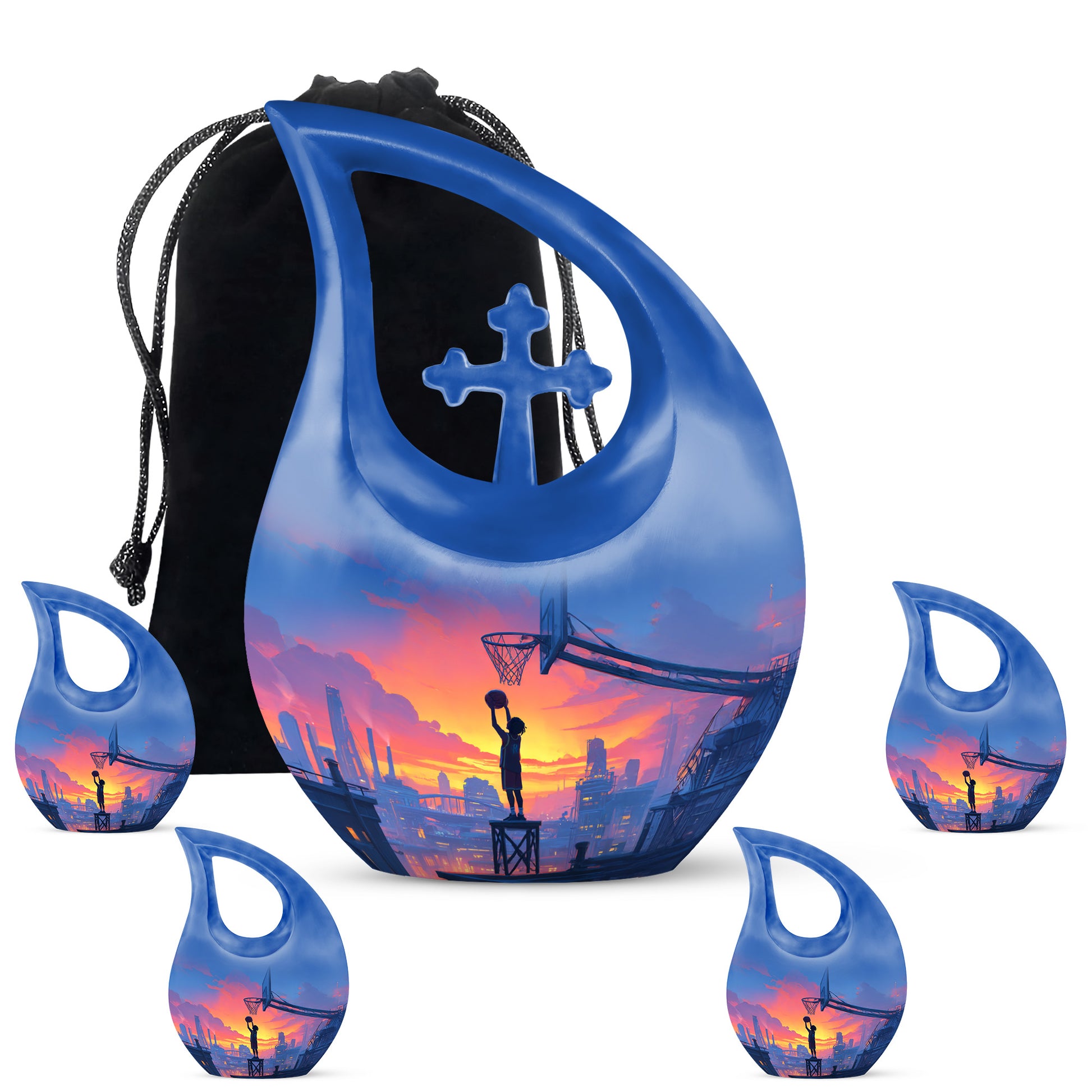Pastel Blue Basketball Cremation Urn urn with complimentary velvet bag - cross and basketball combined in spiritual memorial design - memorial set with one large and four small urns