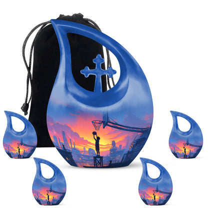 Pastel Blue Basketball Cremation Urn urn with complimentary velvet bag - cross and basketball combined in spiritual memorial design - memorial set with one large and four small urns