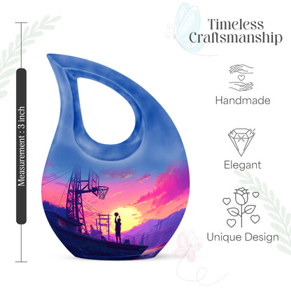 Powder Blue Basketball Cremation Urn back view with polished surface - cross and basketball combined in spiritual memorial design - mini keepsake memorial for portion of cremation ashes