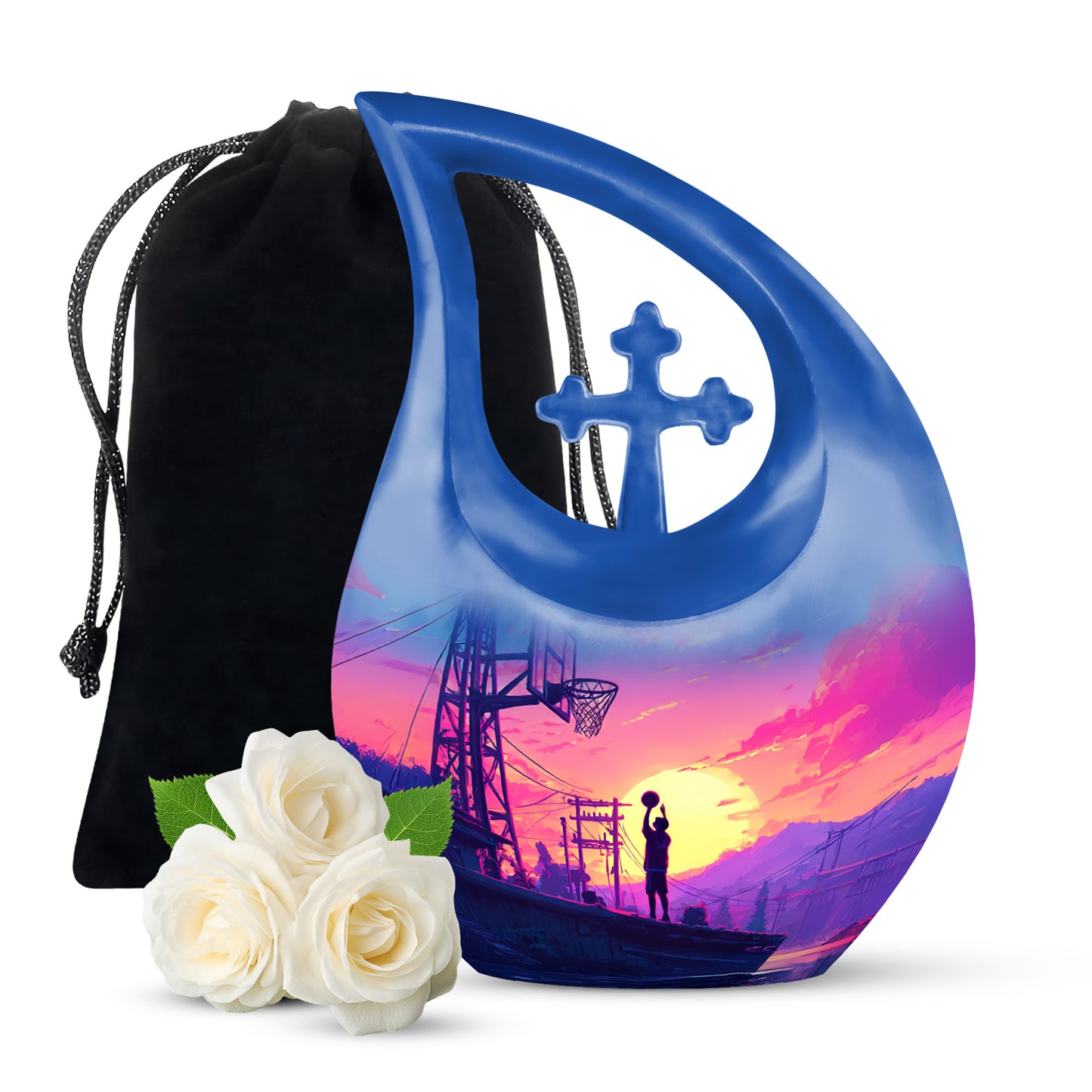 Cornflower Blue Basketball Cremation Urn top-down view of secure threaded lid - devotional cross-drop basketball engraving - full-size 10 inch 200 cubic inch adult cremation urn