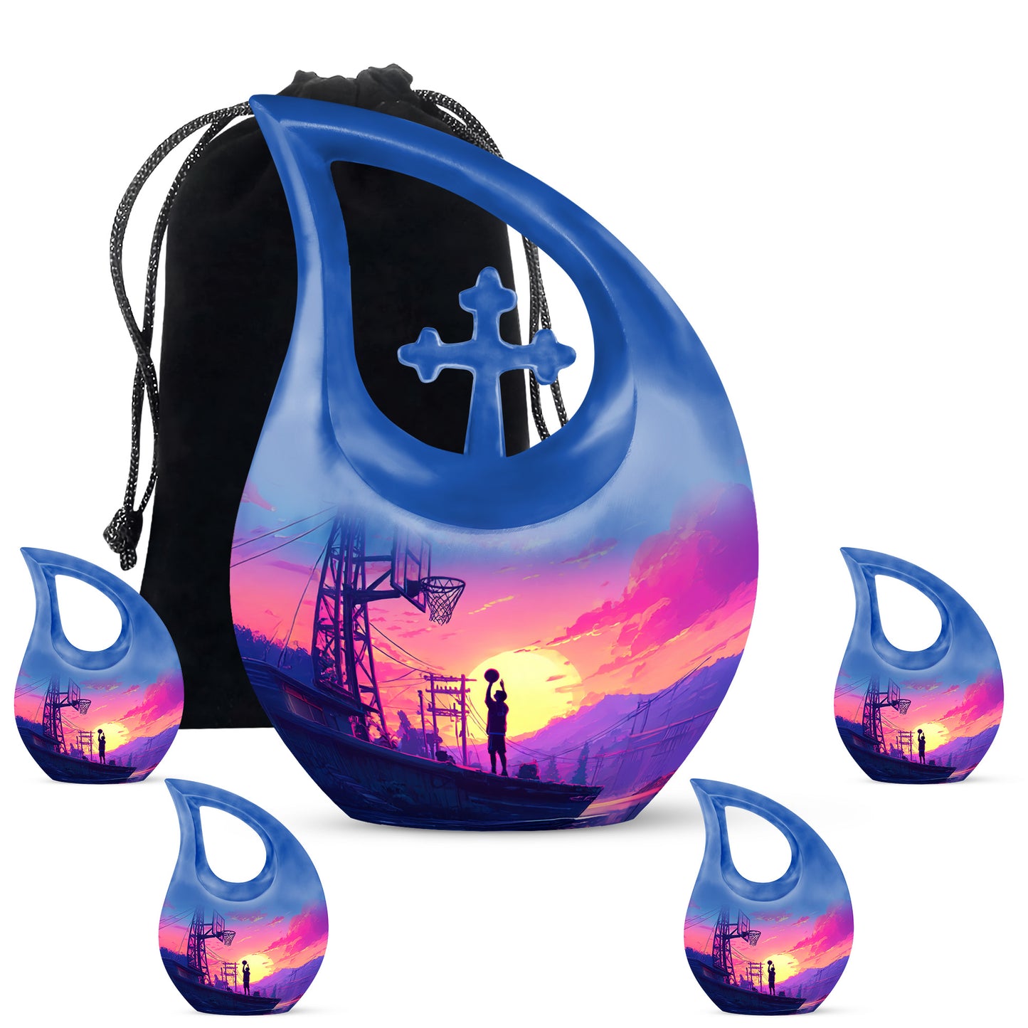 Cobalt Blue Basketball Cremation Urn urn with complimentary velvet bag - devotional cross-drop basketball engraving - memorial set with one large and four small urns