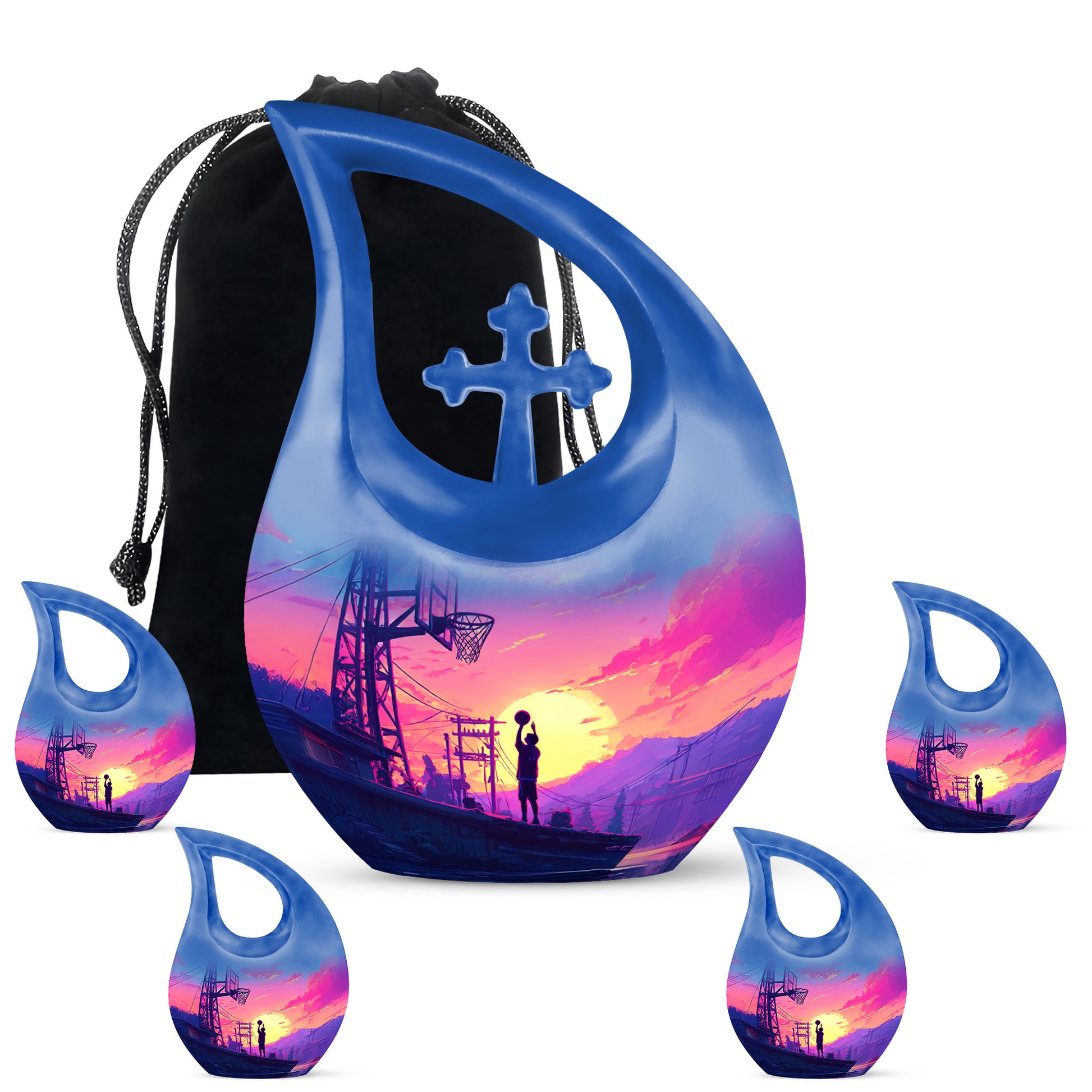 Cobalt Blue Basketball Cremation Urn urn with complimentary velvet bag - devotional cross-drop basketball engraving - memorial set with one large and four small urns