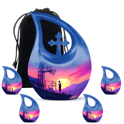 Cobalt Blue Basketball Cremation Urn urn with complimentary velvet bag - devotional cross-drop basketball engraving - memorial set with one large and four small urns