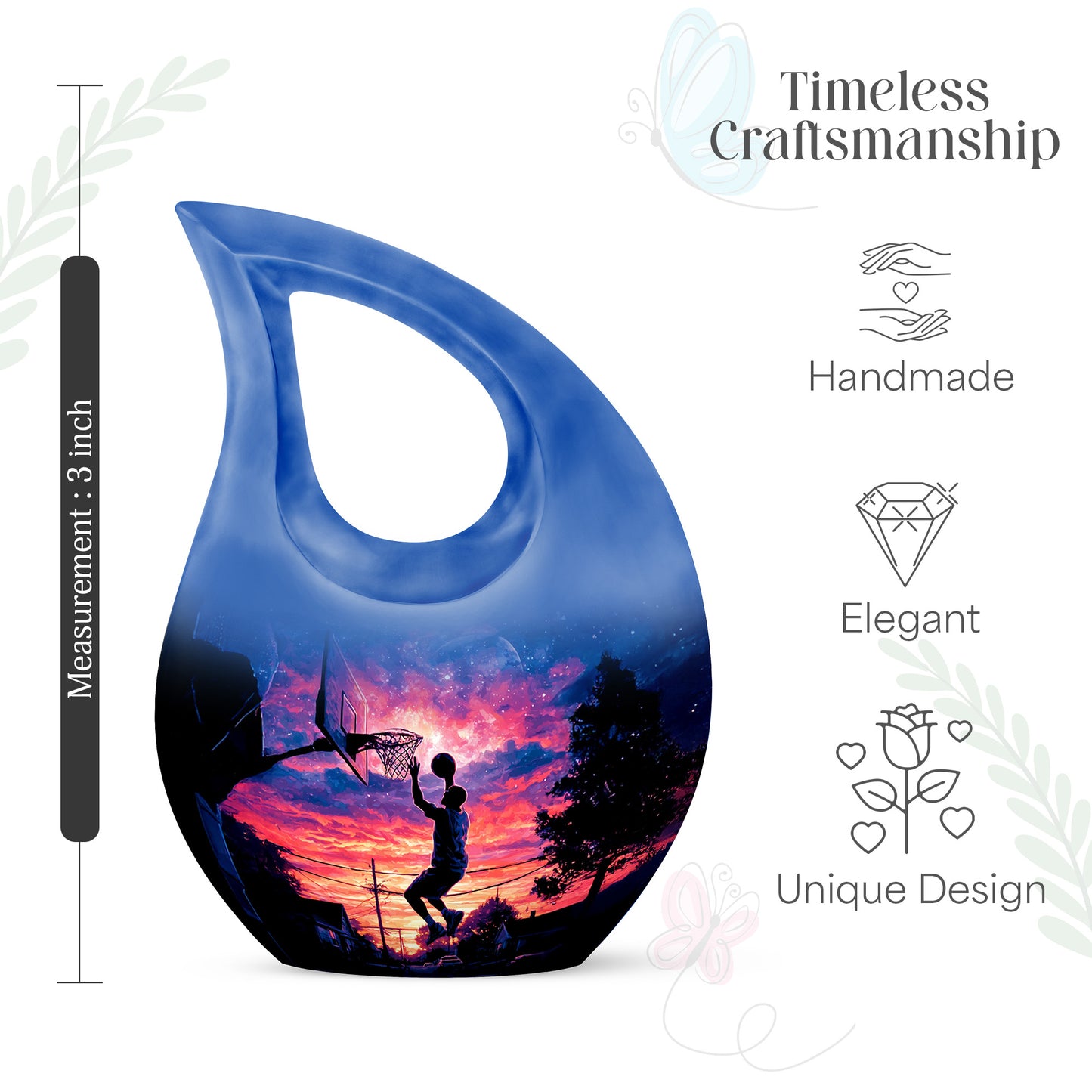 Onyx Black Basketball Cremation Urn back view with polished surface - faith-inspired cross-drop urn with basketball pattern - mini keepsake memorial for portion of cremation ashes