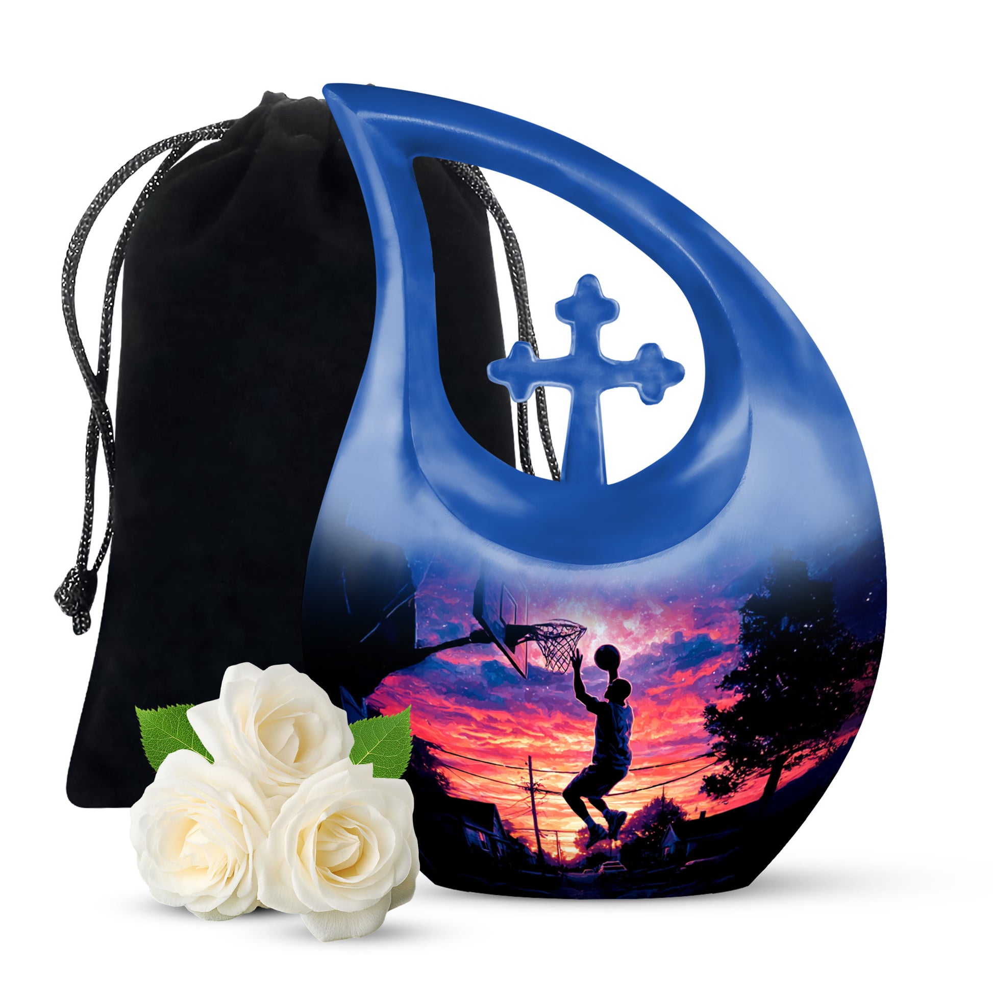 Glossy Black Basketball Cremation Urn top-down view of secure threaded lid - sacred cross merged with basketball motif on metal - full-size 10 inch 200 cubic inch adult cremation urn
