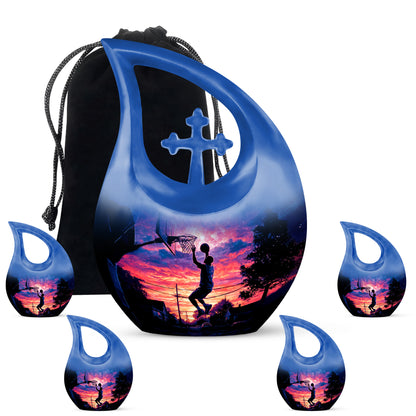 Charcoal Black Basketball Cremation Urn urn with complimentary velvet bag - faith-inspired cross-drop urn with basketball pattern - memorial set with one large and four small urns