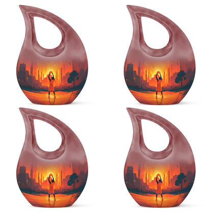 Ruby Red Basketball Cremation Urn lifestyle display on memorial shelf - faith-inspired cross-drop urn with basketball pattern - 10 inch aluminum urn for cremated remains