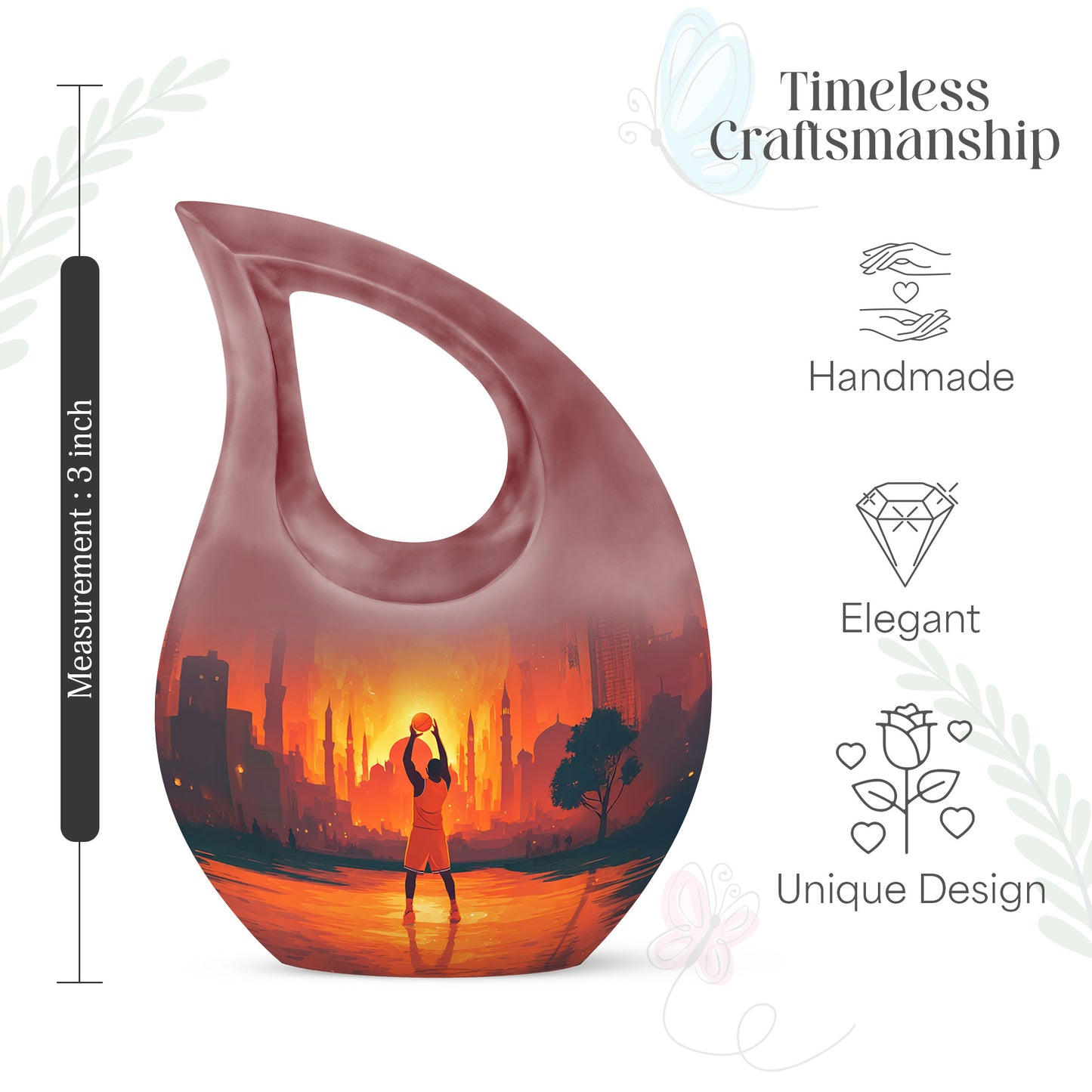 Ruby Red Basketball Cremation Urn back view with polished surface - faith-inspired cross-drop urn with basketball pattern - mini keepsake memorial for portion of cremation ashes