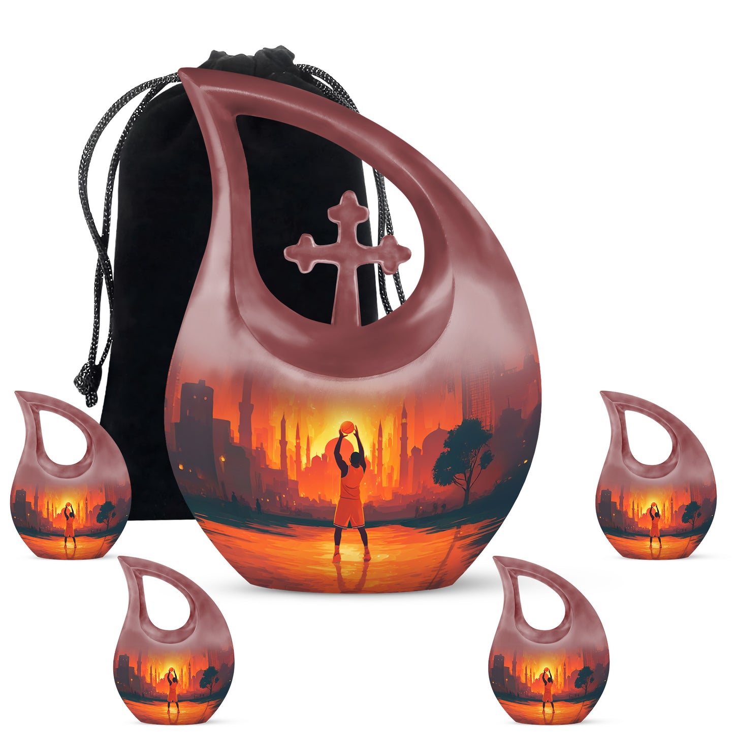 Deep Red Basketball Cremation Urn urn with complimentary velvet bag - sacred cross merged with basketball motif on metal - memorial set with one large and four small urns