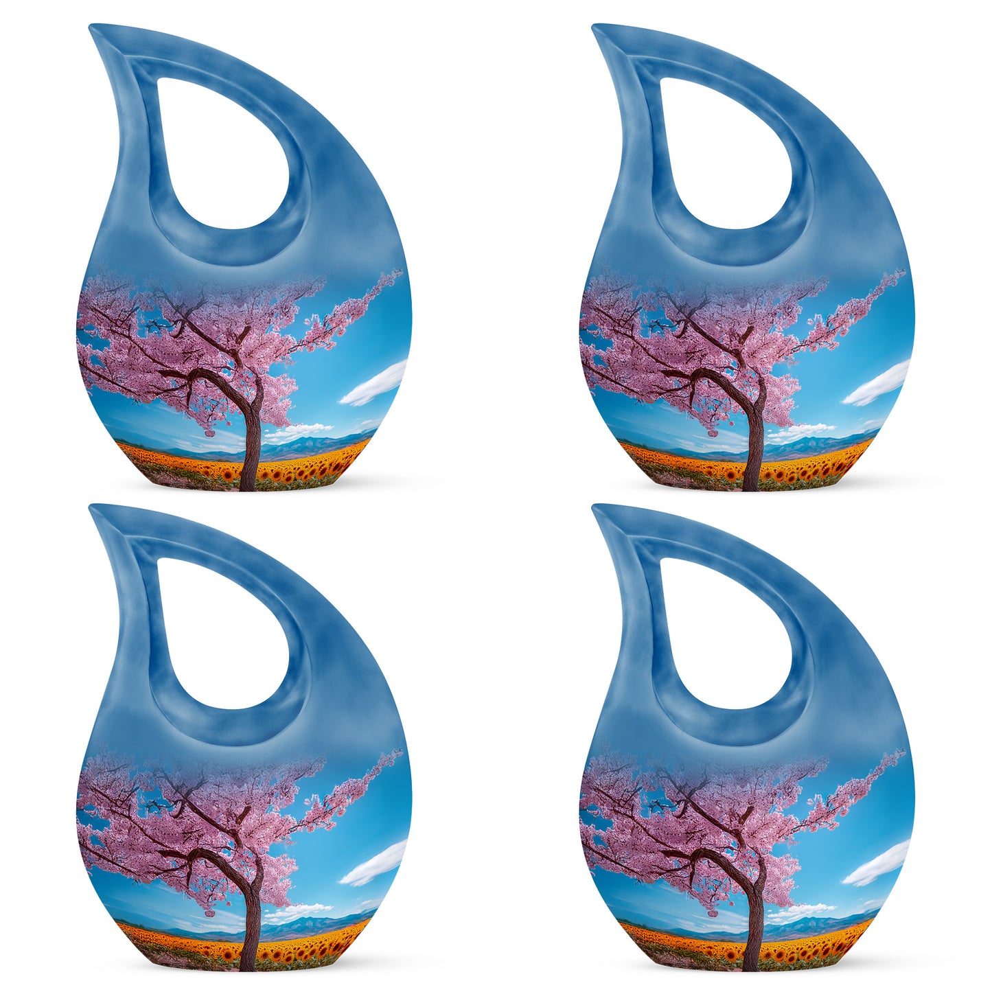 Vivid Blue Cherry Blossom Cremation Urn lifestyle display on memorial shelf - devotional cross-drop cherry blossom engraving - 10 inch aluminum urn for cremated remains