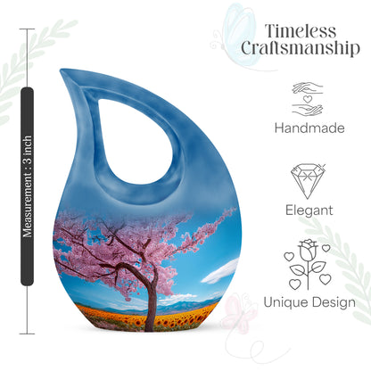 Royal Blue Cherry Blossom Cremation Urn back view with polished surface - faith-inspired cross-drop urn with cherry blossom pattern - mini keepsake memorial for portion of cremation ashes