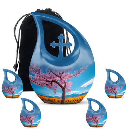 Icy Blue Cherry Blossom Cremation Urn urn with complimentary velvet bag - sacred cross merged with cherry blossom motif on metal - memorial set with one large and four small urns