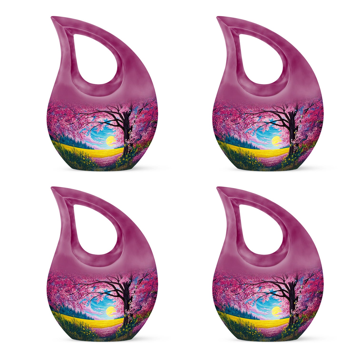 Peony Pink Cherry Blossom Cremation Urn lifestyle display on memorial shelf - sacred cross merged with cherry blossom motif on metal - 10 inch aluminum urn for cremated remains