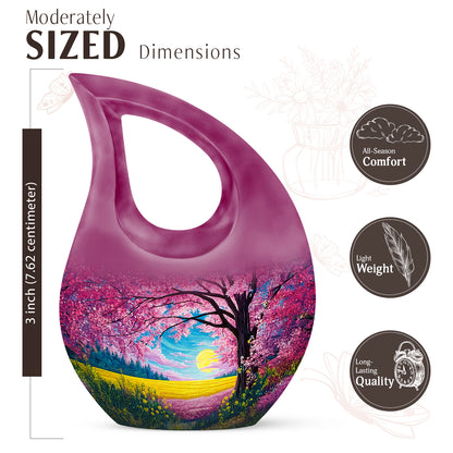 Petal Pink Cherry Blossom Cremation Urn back view with polished surface - devotional cross-drop cherry blossom engraving - mini keepsake memorial for portion of cremation ashes