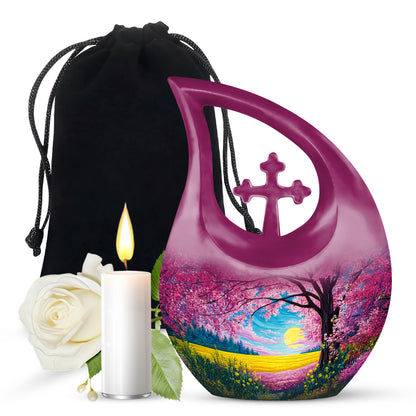 Soft Pink Cherry Blossom Cremation Urn top-down view of secure threaded lid - faith-inspired cross-drop urn with cherry blossom pattern - full-size 10 inch 200 cubic inch adult cremation urn