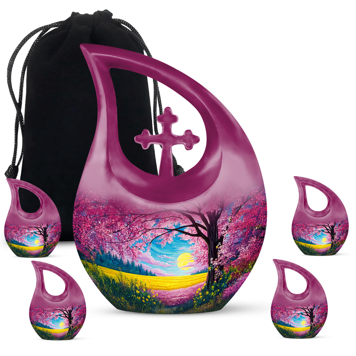 Blush Pink Cherry Blossom Cremation Urn urn with complimentary velvet bag - cross and cherry blossom combined in spiritual memorial design - memorial set with one large and four small urns